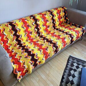 Hand Made Crochet Throw Afghan Blanket with Bright Yellow Orange Brown Colors.